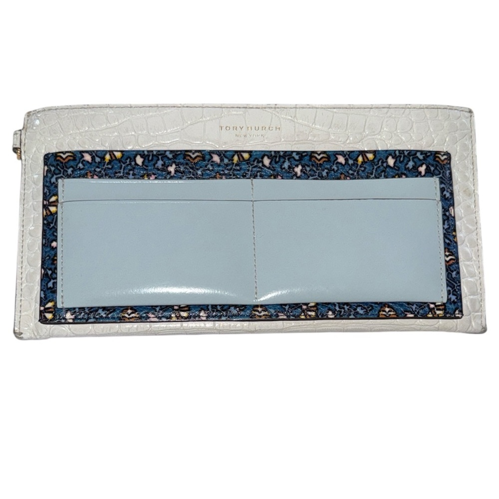 Tory Burch White Croc-Embossed Leather Card Wallet/Clutch w Blue Floral Accent